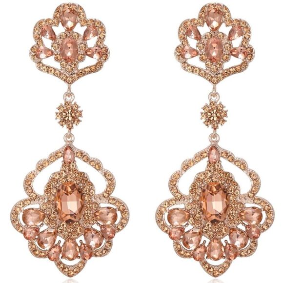 Rose Gold with Peach Morganite Austrian Crystal Teardrop Chandelier Earrings - Picture 1 of 5